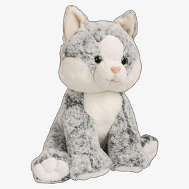 A plush gray and white cat toy sitting on its hind legs.