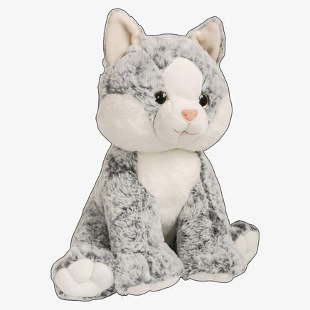 A plush gray and white cat toy sitting on its hind legs.