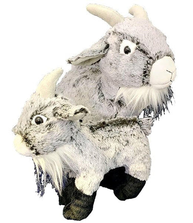 Two plush toy goats, one standing and one sitting, are shown against a white background.