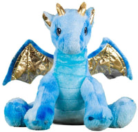 A plush toy of a blue dragon with gold accents, sitting on its hind legs with its wings spread out.