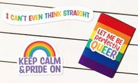 three stickers with rainbow colors and text related to LGBTQ+ pride and support.