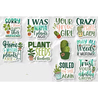 a collection of stickers with various plant-related phrases and illustrations.