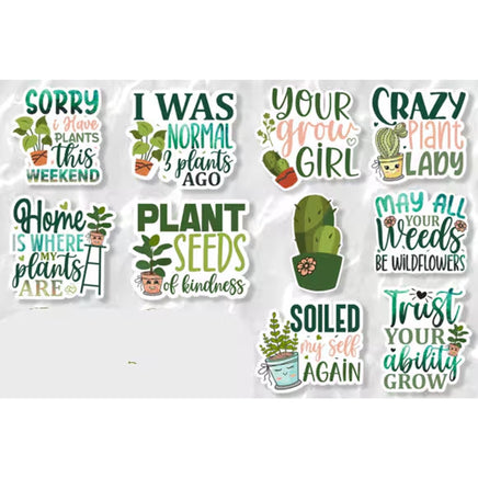 a collection of stickers with various plant-related phrases and illustrations.