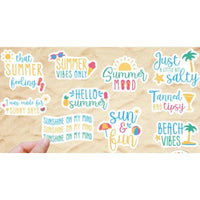 a collection of colorful stickers with various summer-themed phrases and illustrations, such as "Summer vibes only", "Summer mood", "Just a little bit salty", "I was made for Sunny days", "Sunshine on my mind", "Sun and fun", "Beach vibes", and "sunny days".