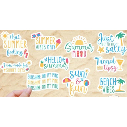a collection of colorful stickers with various summer-themed phrases and illustrations, such as "Summer vibes only", "Summer mood", "Just a little bit salty", "I was made for Sunny days", "Sunshine on my mind", "Sun and fun", "Beach vibes", and "sunny days".