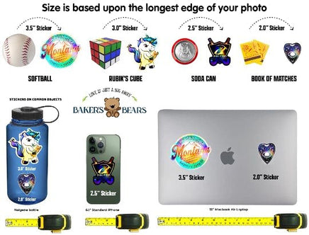 The image is a collage of various stickers and objects, including a baseball, Rubik's cube, softball, Robin's cube, soda can, book of matches, and a teddy bear. The stickers are labeled with their sizes, and there are also measurements provided.