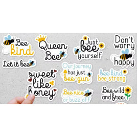a collection of stickers with various bee-related phrases and illustrations.