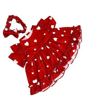 A red dress with white hearts on it, along with a matching red bow in the top left corner.