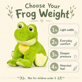 a green stuffed frog toy with a list of different weight options for it, along with a description of each weight option.