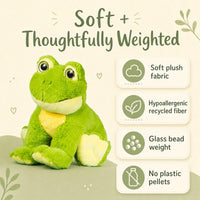 a green plush frog toy with a yellow belly, sitting on a green surface.