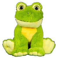 A green plush frog toy with yellow accents, sitting on its hind legs and smiling.