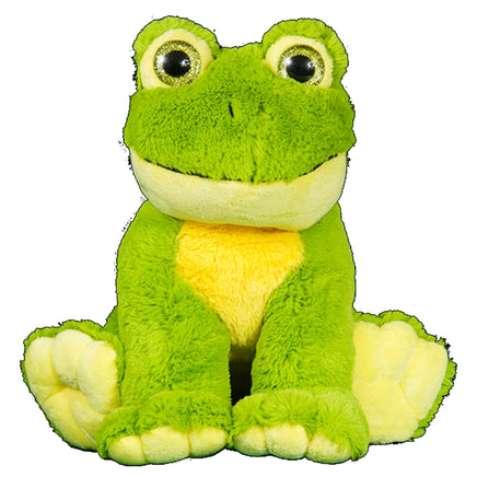 A green plush frog toy with yellow accents, sitting on its hind legs and smiling.