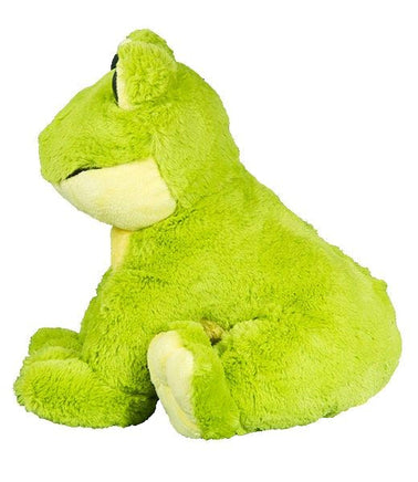 A large, plush green frog toy is sitting on its hind legs against a white background.
