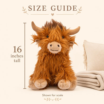 A stuffed toy resembling a Highland cow is shown in the image, with measurements provided.