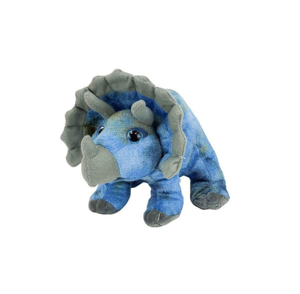 A blue plush toy of a triceratops, with its distinctive horns and body, is shown against a white background.