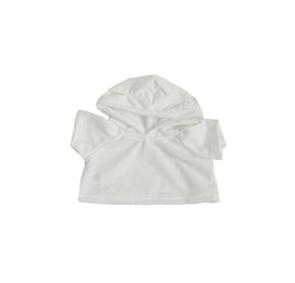 A white hooded t-shirt is shown against a white background.