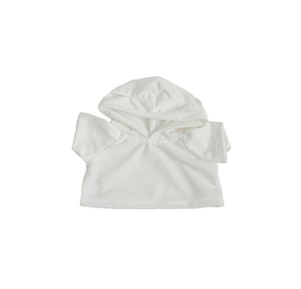 A white hooded t-shirt is shown against a white background.