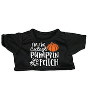 A black t-shirt with a pumpkin graphic and text that says "I'm the cutest pumpkin in the patch".
