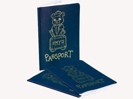 two blue passports with gold text and illustrations, including a bear holding a suitcase.