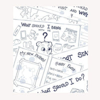 The image is a collage of various cartoon-style illustrations and text elements, including a map, a teddy bear, and a list of items. The text and illustrations are in a simple, cartoon-like style, and the overall layout appears to be a collection of different elements.