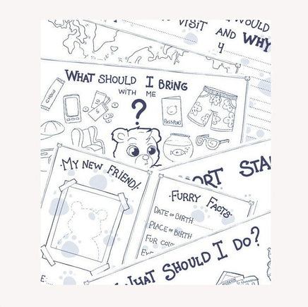 The image is a collage of various cartoon-style illustrations and text elements, including a map, a teddy bear, and a list of items. The text and illustrations are in a simple, cartoon-like style, and the overall layout appears to be a collection of different elements.