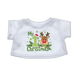 A white t-shirt with a Christmas-themed design featuring a reindeer wearing a Santa hat and the text "My 1st Christmas" along with a number 1 and star motif.