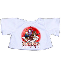 A white t-shirt with a graphic design featuring a group of cartoon characters from the horror movie "Scare Bears".