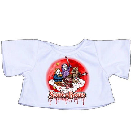 A white t-shirt with a graphic design featuring a group of cartoon characters from the horror movie "Scare Bears".