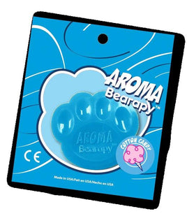a blue paw print-shaped object with the text "AROMA Bearapy" and "COTTON CANDY" printed on it.