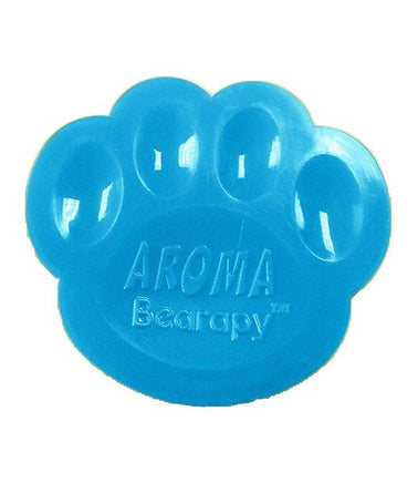 A blue paw print-shaped object with the text "AROMA Bearapy™" printed on it.