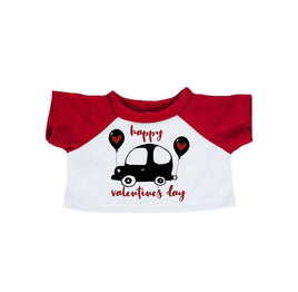 A red and white t-shirt with a graphic of a car and balloons, along with the text "Happy Valentine's Day".