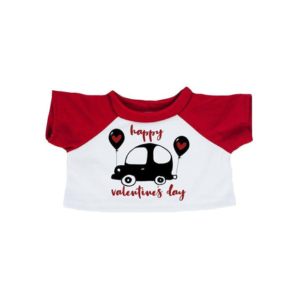 A red and white t-shirt with a graphic of a car and balloons, along with the text "Happy Valentine's Day".