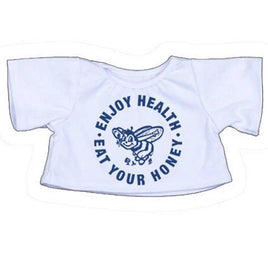 A white t-shirt with a blue circular design featuring a bee and the text "Enjoy Health Eat Your Honey" printed on it.