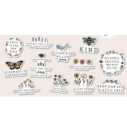 a collection of stickers with various environmental and conservation-themed messages. The stickers include phrases such as "Green is the new black", "Protect the lungs of our planet", "Help more bees", "plant more trees", "clean the seas", "plant flowers", "plant a bee hive", "bee humble", "bee wild", "bee free", "plant these save bees", and "keep our sea plastic free". These m
