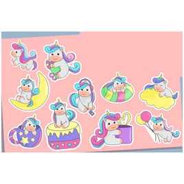 a collection of colorful and whimsical unicorn stickers, each featuring a unique design and pose.