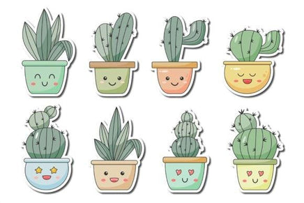 a collection of nine potted cacti with faces, arranged in a grid-like pattern. Each cactus has a unique expression and is placed in a different colored pot.