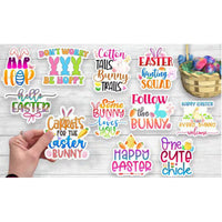 a collection of colorful Easter-themed stickers and illustrations, including phrases like "Don't worry, be happy", "Hip hop", "Easter Bunny", "Follow the bunny", "Carrots for the Easter bunny", "One cute chick", and "Easter".