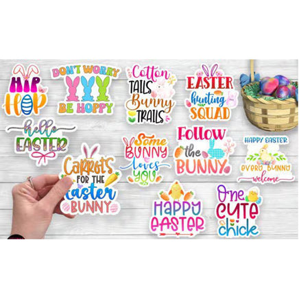 a collection of colorful Easter-themed stickers and illustrations, including phrases like "Don't worry, be happy", "Hip hop", "Easter Bunny", "Follow the bunny", "Carrots for the Easter bunny", "One cute chick", and "Easter".