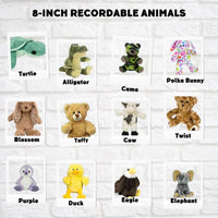 a collection of 8-inch recordable stuffed animals, including a turtle, alligator, camo, polka bunny, bunny, flower, cow, twist, cow, taffy, cow, twist, duck, eagle, and elephant.