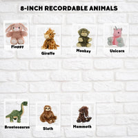 a collection of 8-inch recordable stuffed animals, including a Floppy bunny, a Giraffe, a Monkey, a Unicorn, a Bronosaurus, a Sloth, and a Mammoth.