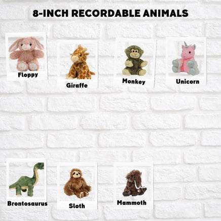 a collection of 8-inch recordable stuffed animals, including a Floppy bunny, a Giraffe, a Monkey, a Unicorn, a Bronosaurus, a Sloth, and a Mammoth.