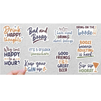 a collection of colorful stickers with various phrases and sayings related to alcohol and socializing.