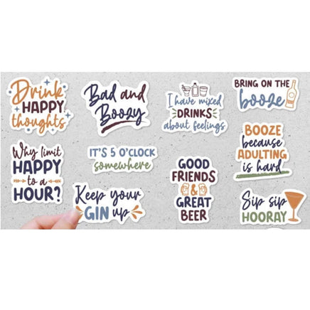 a collection of colorful stickers with various phrases and sayings related to alcohol and socializing.