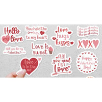 a collection of Valentine's Day-themed stickers with various phrases and designs related to love and affection.