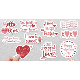 a collection of Valentine's Day-themed stickers with various phrases and designs related to love and affection.