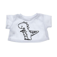 A white t-shirt with a simple black line drawing of a dinosaur on it.