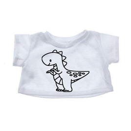 A white t-shirt with a simple black line drawing of a dinosaur on it.