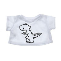 A white t-shirt with a simple black line drawing of a dinosaur on it.