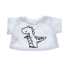 A white t-shirt with a simple black line drawing of a dinosaur on it.