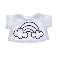 A white t-shirt with a simple black graphic design depicting a rainbow and clouds.